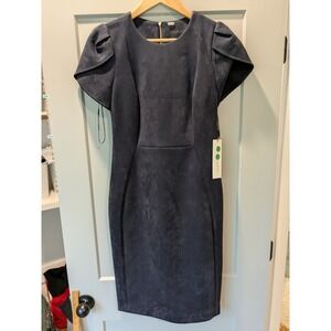 NWT Calvin Klein Women's Size 4 Navy Blue Faux Suede Puff Sleeve Sheath‎ Dress